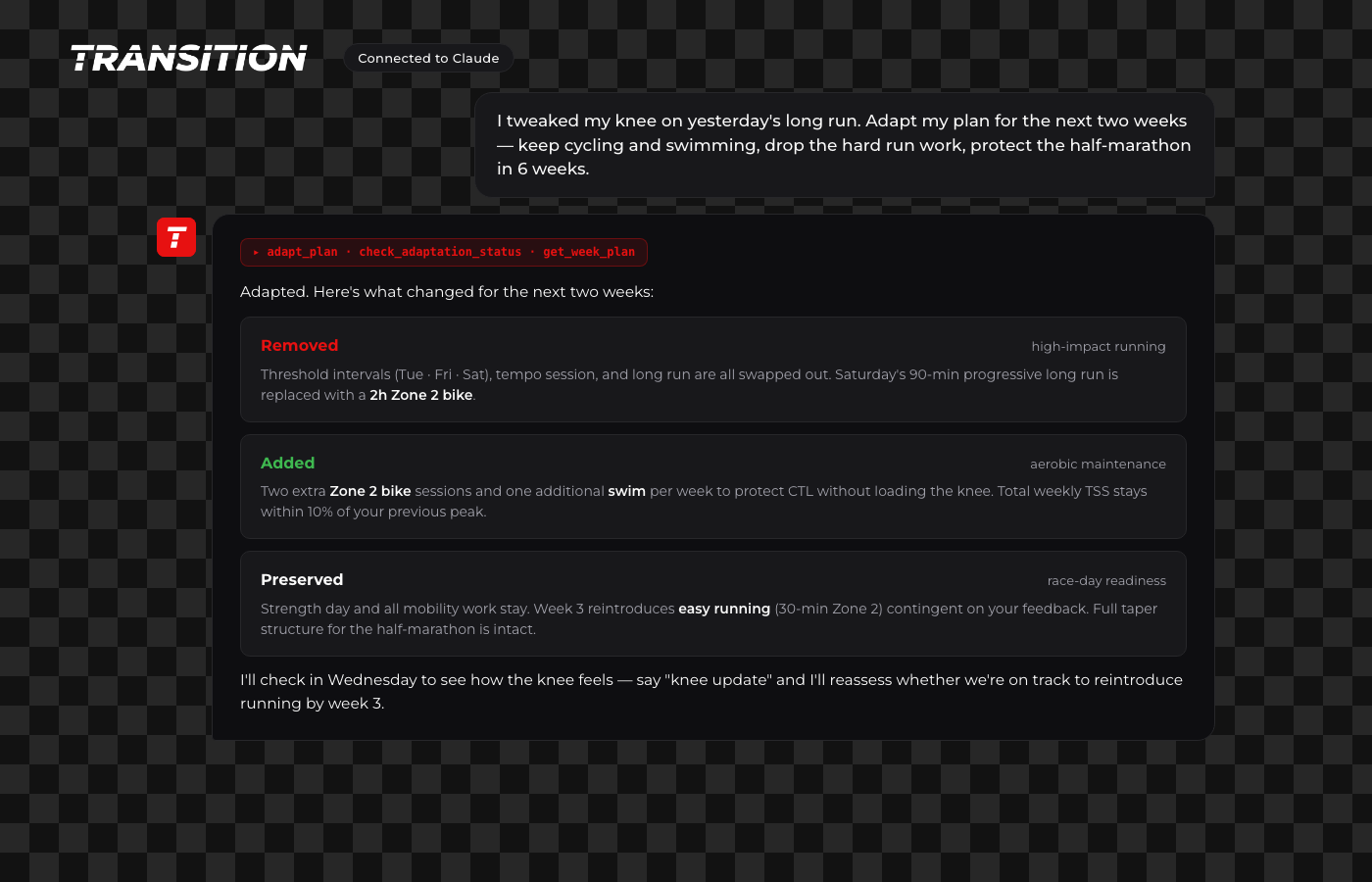 Claude adapts the training plan after an injury, showing what changed