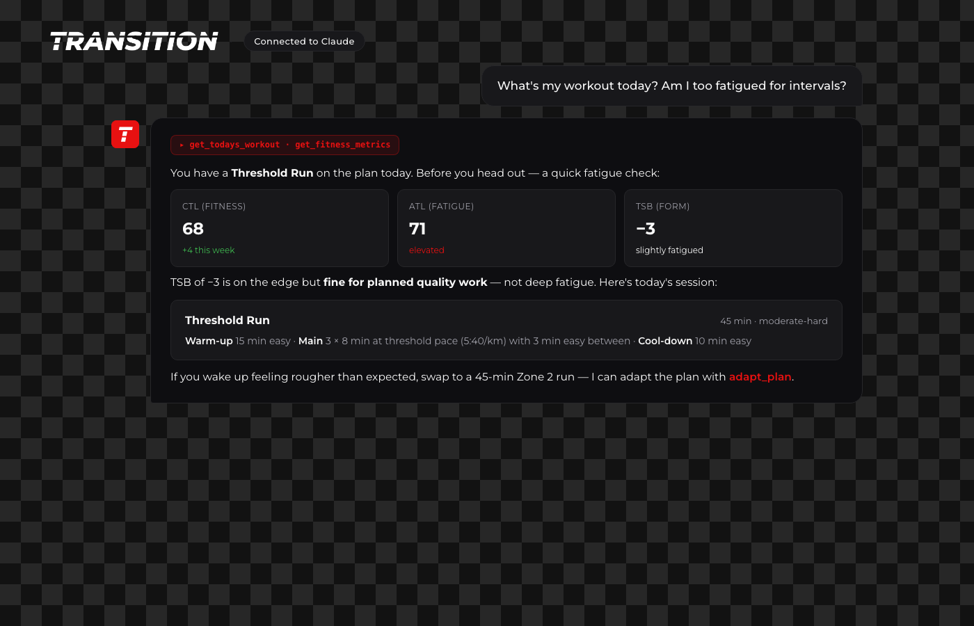 Claude shows today's workout alongside a CTL/ATL/TSB fatigue check