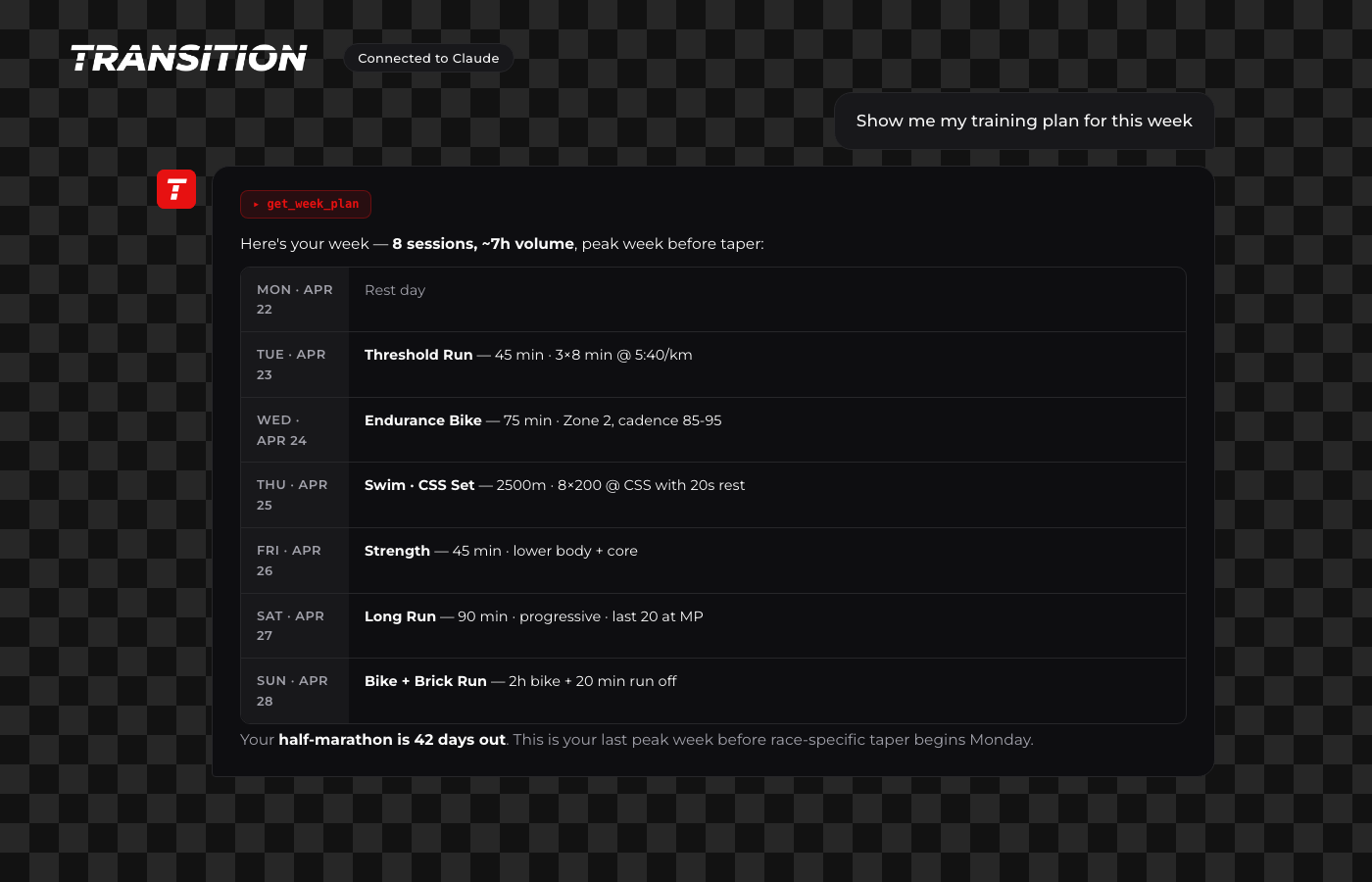 Claude renders the weekly training plan in a clean table