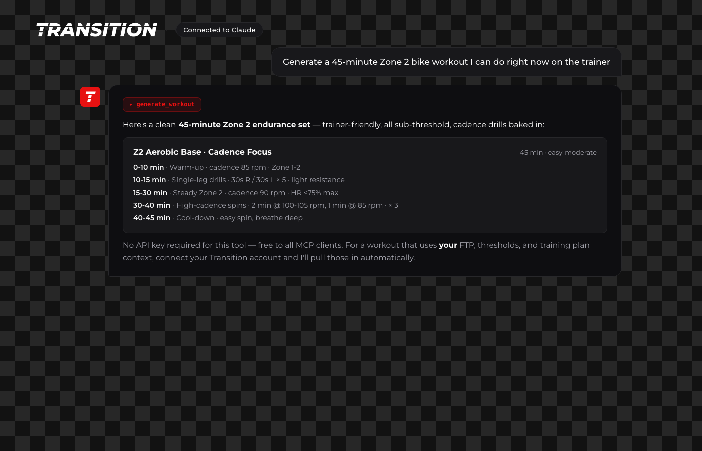 Claude generates a 45-minute Zone 2 bike workout